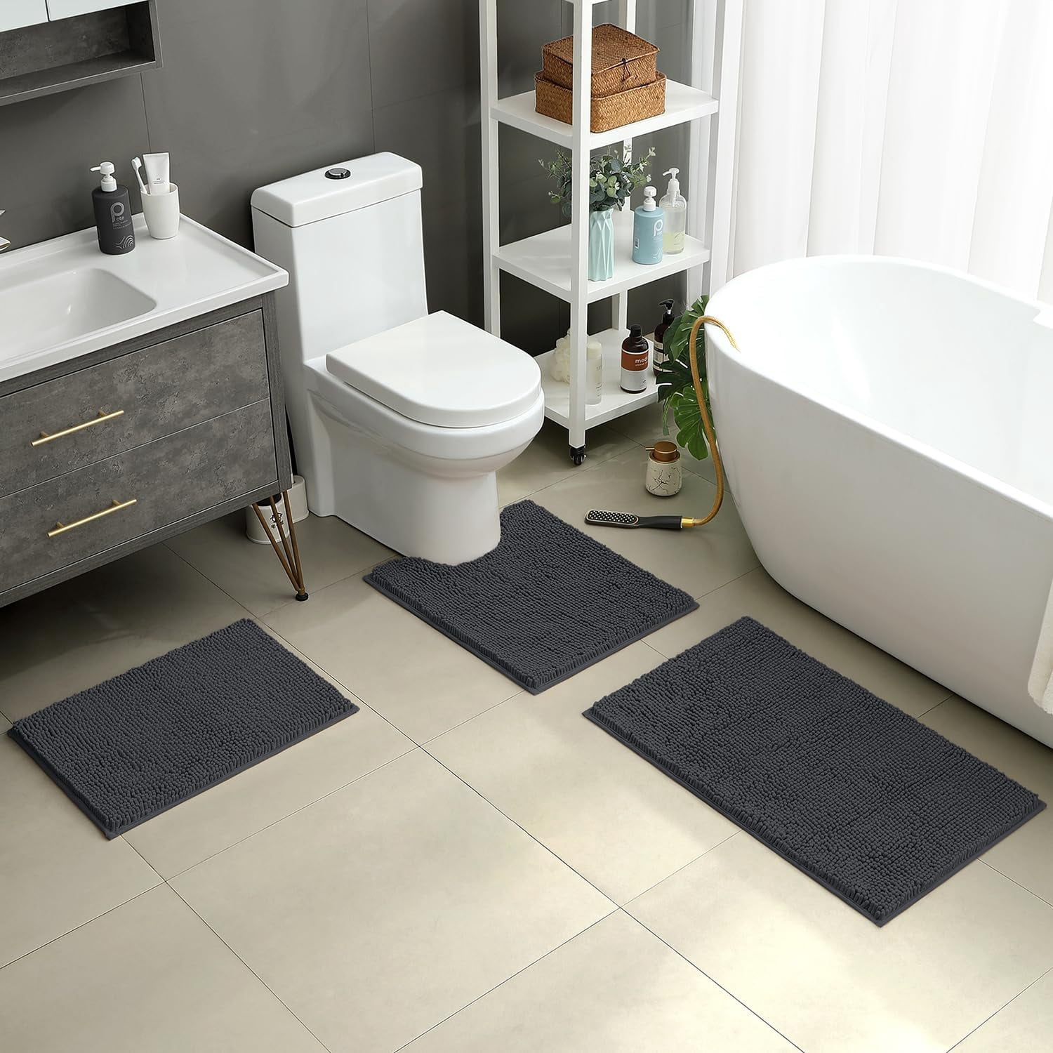 3 Pieces Bathroom Rugs, Ultra Soft Non Slip Absorbent Chenille Toilet Bath Mat Set (Charcoal/Dark Grey)
