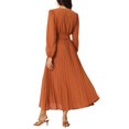 thumbnail image 3 of INSPIRE CHIC Women's Pleated Dress Puff Long Sleeve V Neck Belt Waist Dress M Brick Red, 3 of 6