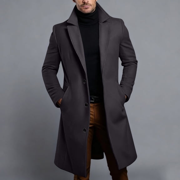 LYSMORA 2026 Men's Notch Lapel Long Single Breasted Overcoat, Side Pockets Regular Fit Windproof Business Winter Outer Trench Coat