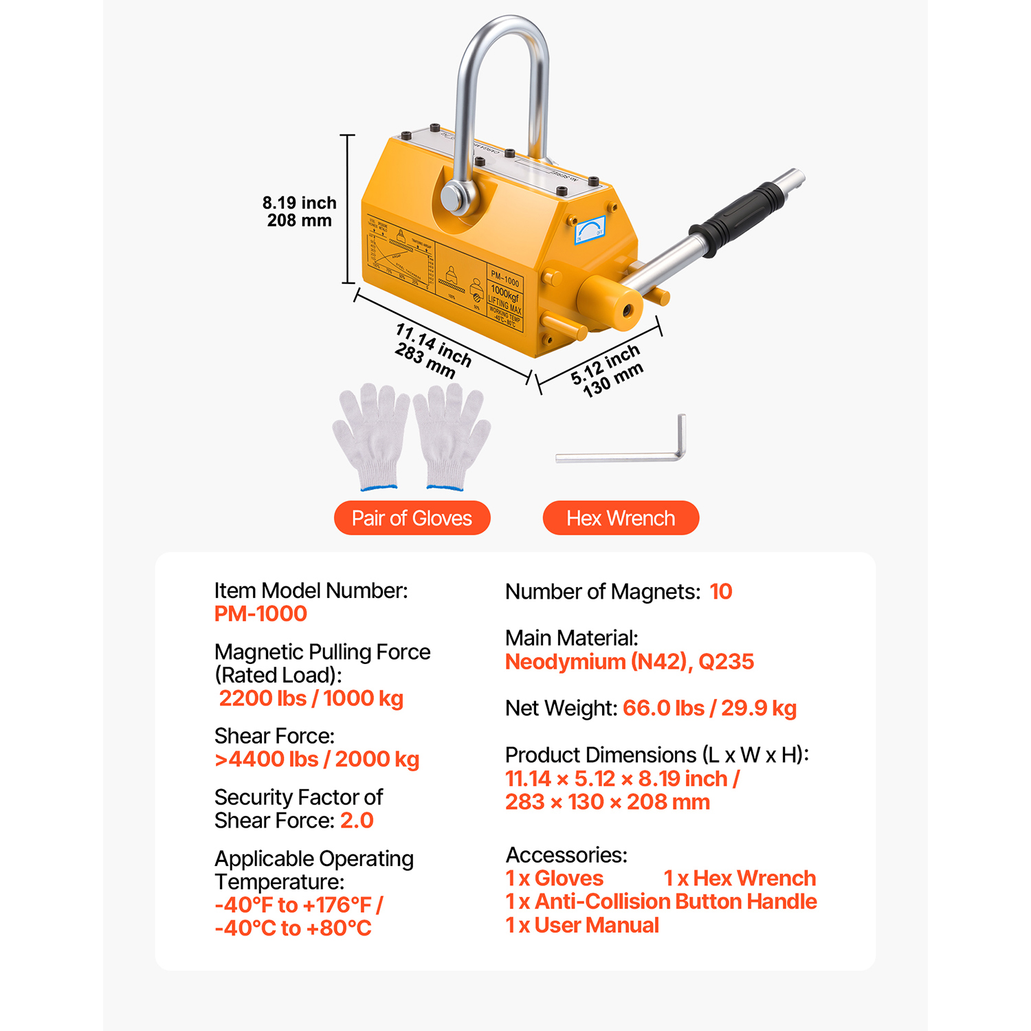 KFFKFF Permanent Magnetic Lifter, 2200 lbs Capacity, Durable N42 Neodymium Magnet with Release Handle and Steel Hook, Suitable for Shop Cranes and Hoists, Ideal for Lifting Steel Plates and Boards
