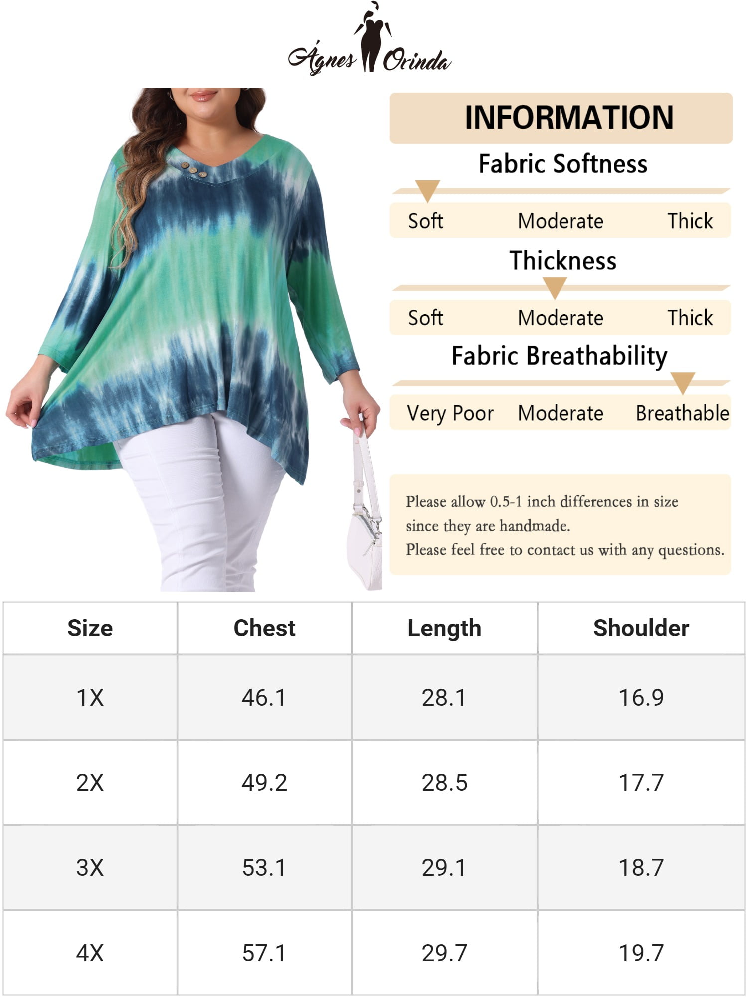DARING DIVA Women's Plus Elbow Sleeve Blouse Tee Top Tie Dye T Shirts 4X Blue Green