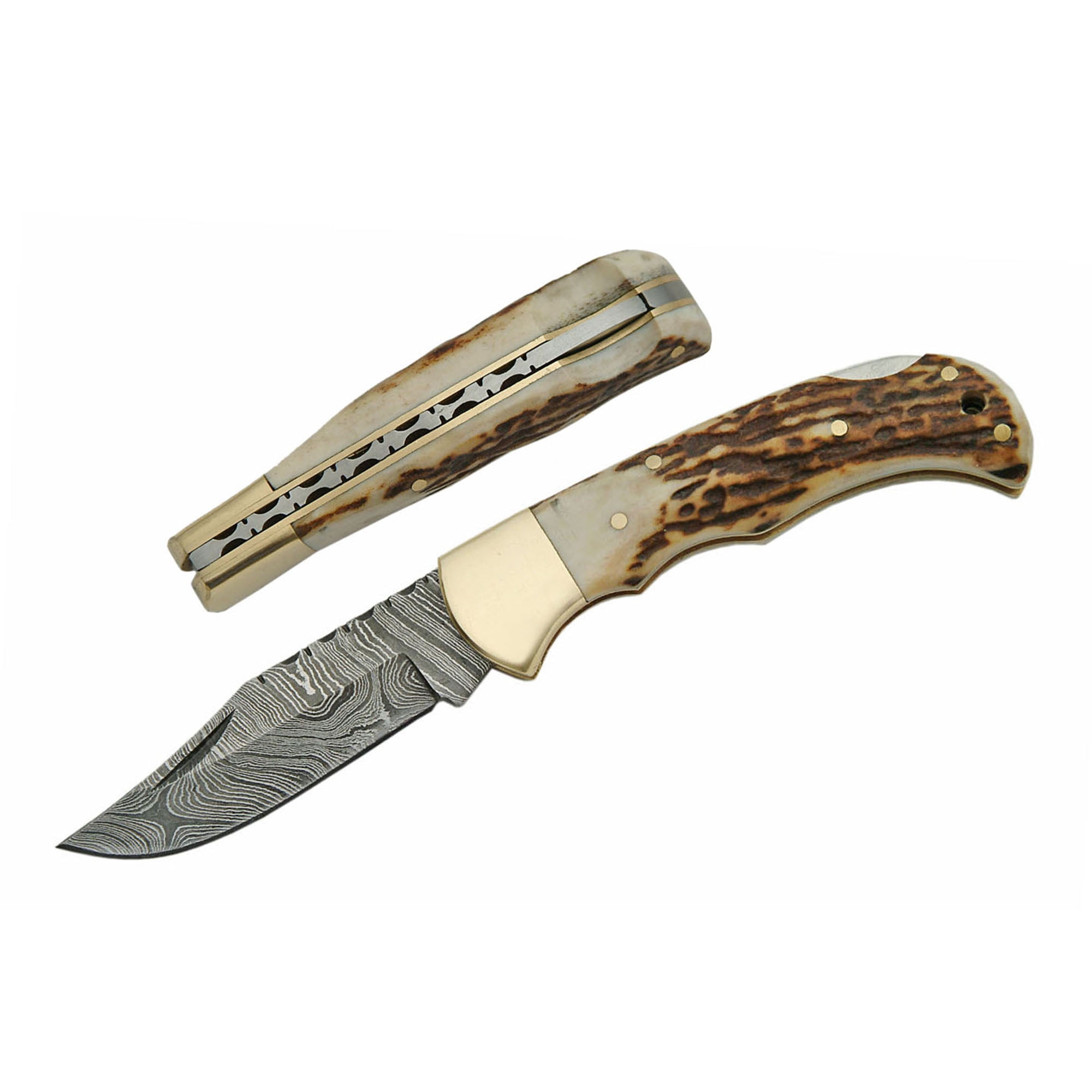 SANZ Folding Pocket Knife 4 Inch – Folding Knife for Men with Clip, Black Damascus Blade, Stag Handle for Camping, Hiking, Outdoor Use