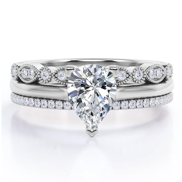 Anillo Compromiso 2 Quilates Corte Pera JeenMata 3 Puntas Filigrana Milgrain Art Deco Baño Oro Blanco 18 K sobre Plata