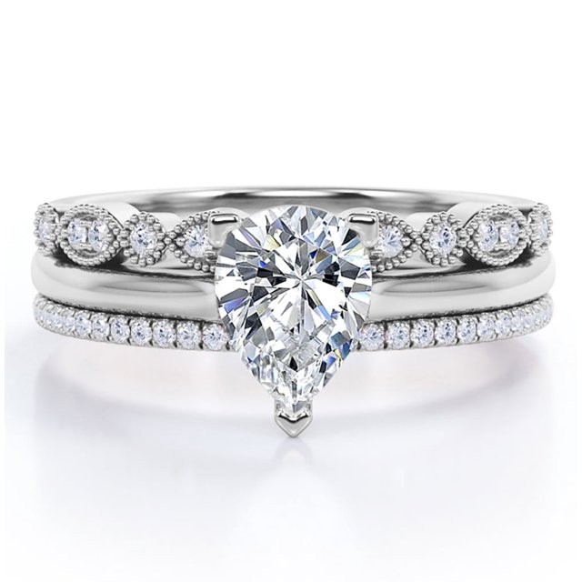 JeenMata Anillo Compromiso Solitario 2 Ct Corte Pera, Engaste 3 Puntas, Filigrana Milgrain Art Déco, Juego Anillos Boda Trío, Baño Oro Blanco 18 K sobre Plata