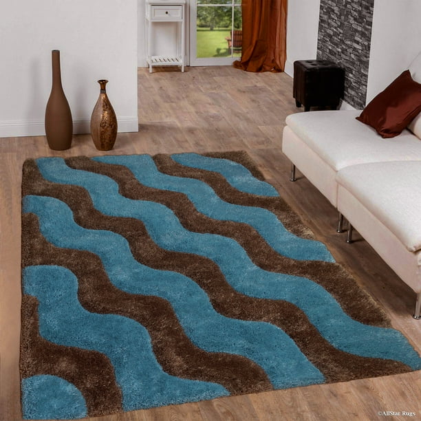 Allstar Brown Shaggy Area Rug with 3D Light Blue Wavy Design
