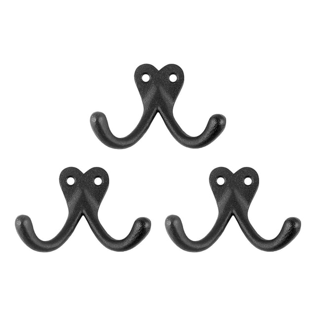Renovators Supply Black Cast Iron Coat Double Hook Decorative Robe Wall Mount Hanger Hooks for Hat or Jacket Holder Rust Resistant Powder Coated Utility Storage Hooks with Hardware Pack of 3