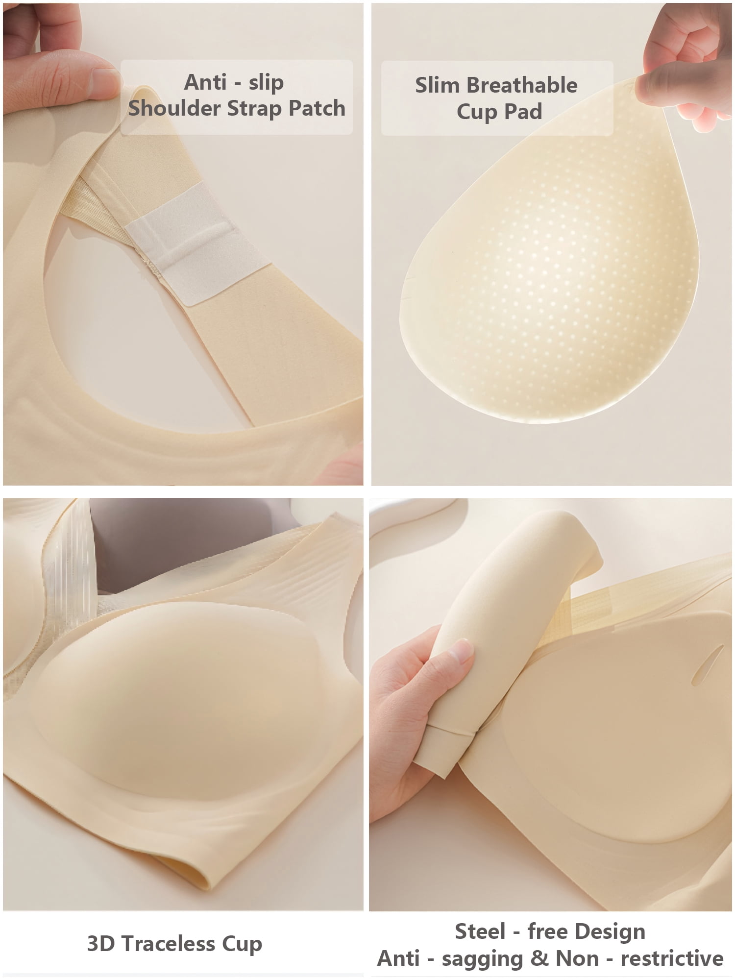YOURISS Plus Size Wireless Seamless Bra, Full Coverage, Breathable 0.2cm Cups, Side Support U-Back, 5-Row 4-Hook T-Shirt Bra, Beige White 2XL