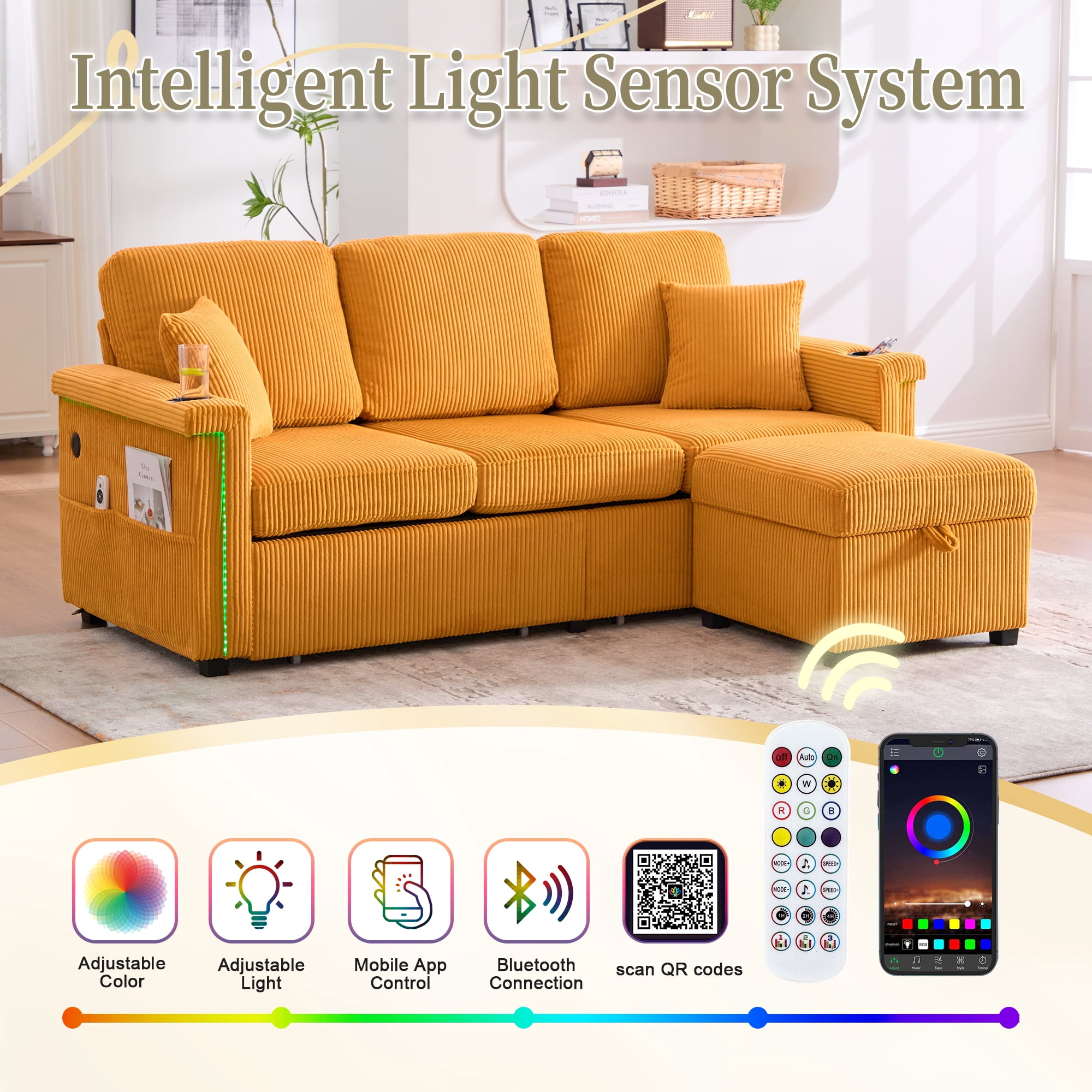 MOONMISS Corduroy Upholstered L-shaped Pull-Out Storage Sectional Sofa with Storage Ottoman,USB Charging,Cup Holder-Yellow