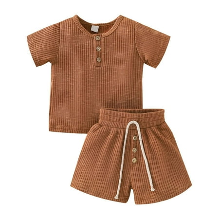 

REORIAFEE Toddler Girl 2 Piece Outfits Summer Toddler Baby Boys Girls Summer Ribbed Short Sleeve Button Top Shorts Two Piece Set Brown 6-12 Months