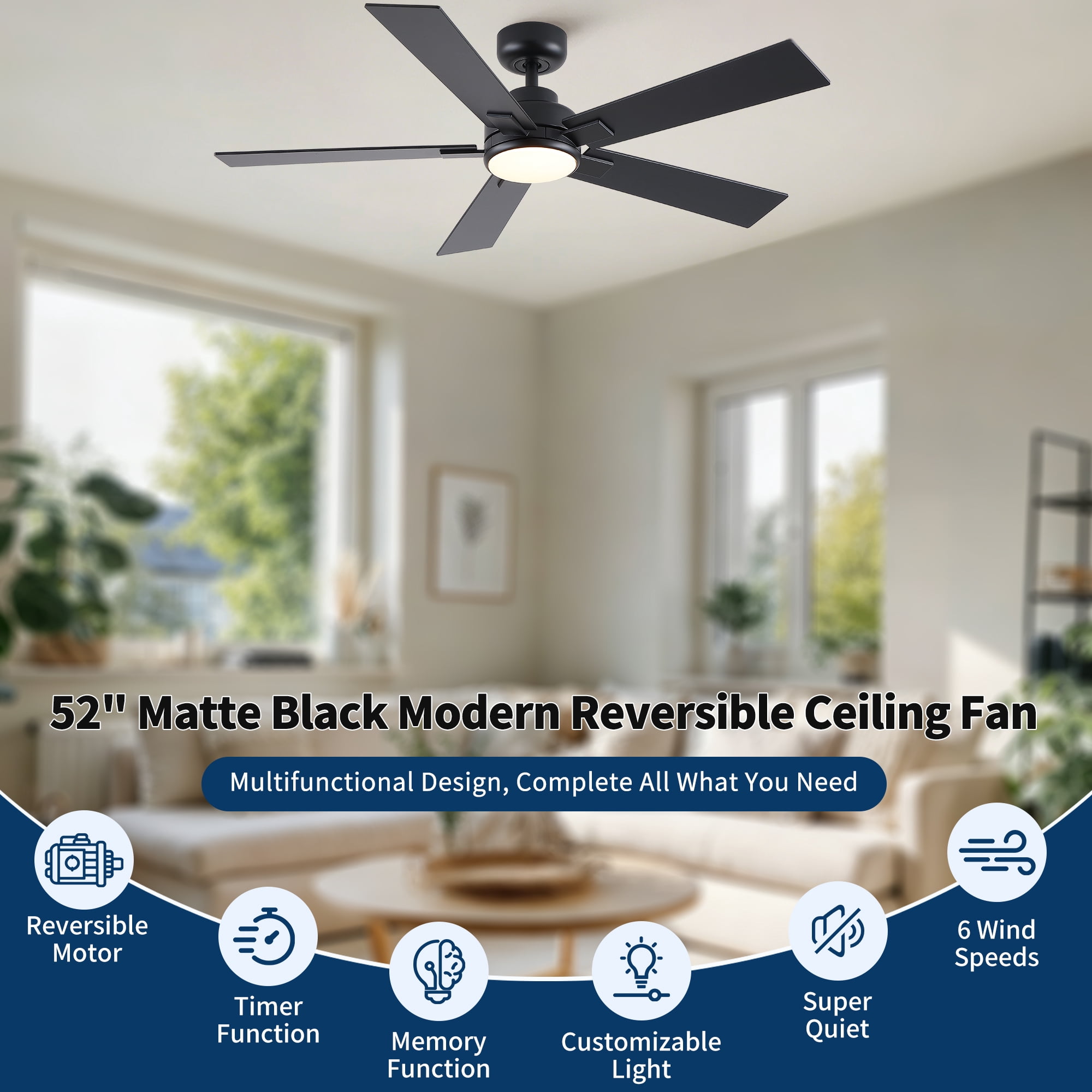 Leumius 52" Ceiling Fan with Light and Remote with Quiet DC Motor, Reversible Blades, Dimmable 3CCT LED Light for Living Room Bedroom Matte Black