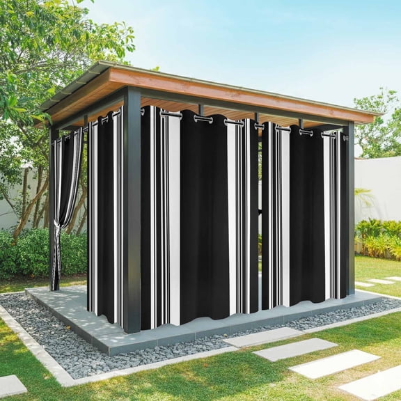 Black Striped Outdoor Curtains for Patio, Modern Classic Stripe Rustic Farmhouse Country Waterproof Outside Curtains Privacy Blackout Curtain for Porch Pergola Cabana, 1 Panel 54W x 108L Inch