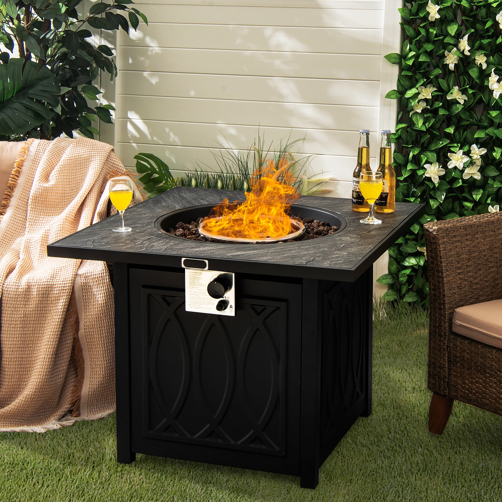 Costway 32'' Propane Fire Pit Table Square Tabletop w/Lava Rocks Cover 50,000 BTU