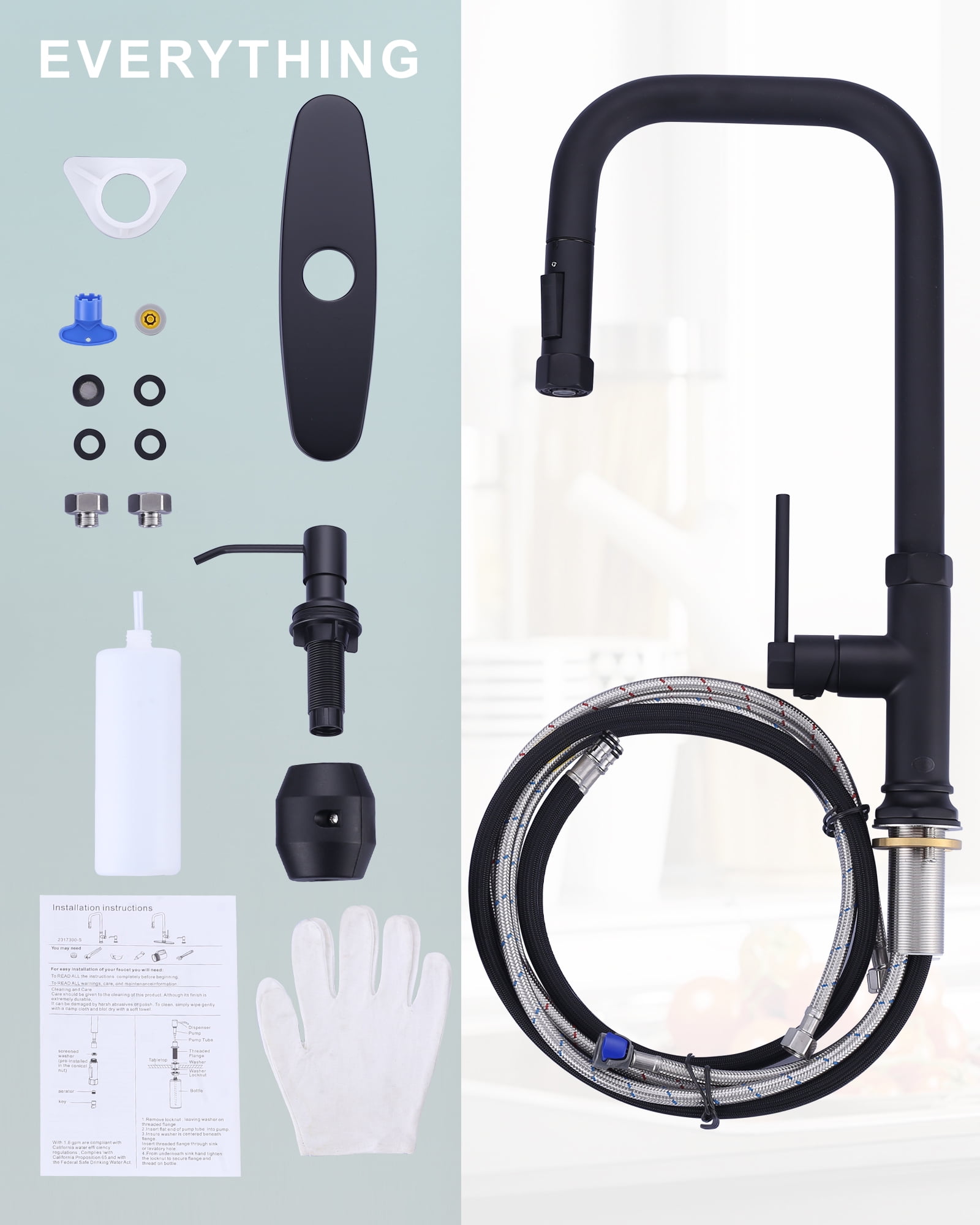 WOWOW Single-Handle Pull Down Sprayer Kitchen Faucet with Pull Out Spray Wand and Soap Dispenser in Matte Black