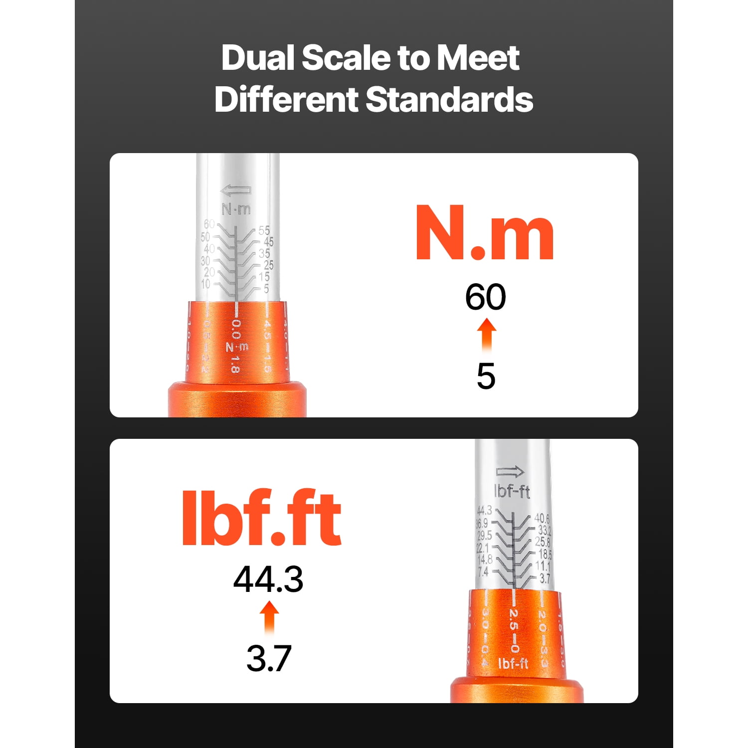 KFFKFF Click Torque Wrench Set, 3/8 Inch Drive, 5-60 N.m / 3.7-44.3 lbf.ft, Dual-direction, 72-Tooth, ±3% Accuracy, Includes Sockets, Bits, Extension Bar, Spark Plug Sockets, Adapter, Orange