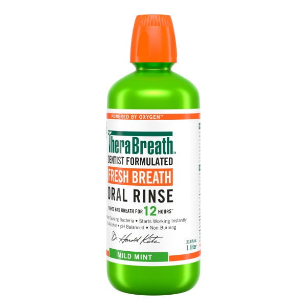 TheraBreath Fresh Breath Oral Rinse Mouthwash, Mild Mint, Alcohol-Free, Dentist Formulated, 33.8 fl oz (Pack of 4)
