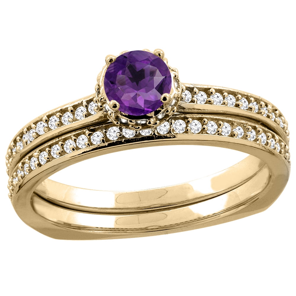 14K Yellow Gold Diamond Natural Amethyst 2-pc Bridal Ring Set Round 4mm, sizes 5 10 by WorldJewels