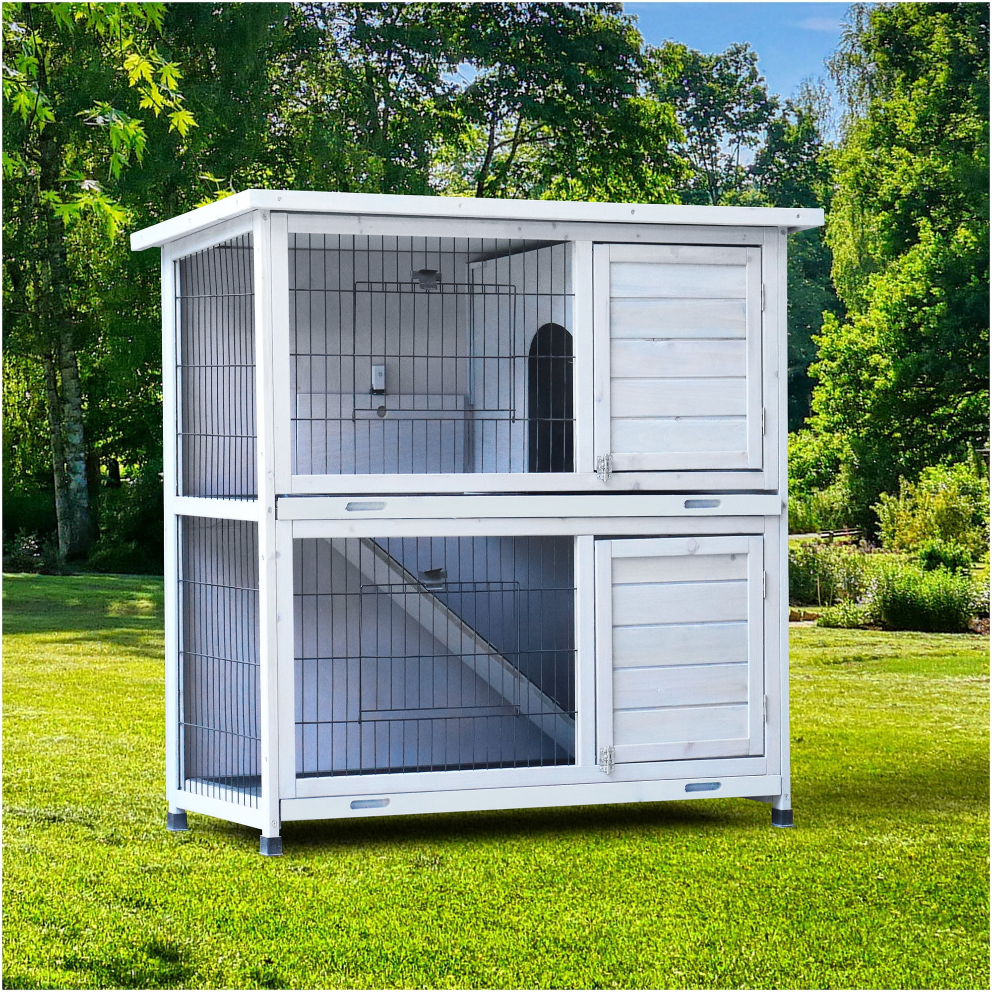 JERFIT Outdoor Rabbit Hutch with Run, 2-Story Wooden Bunny Cage with Waterproof Roof, 2 Pull-Out Trays, No-Slip Ramp for Rabbits & Small Animals