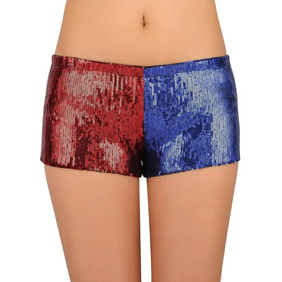 HDE Women's Red and Blue Metallic Sequin Booty Shorts For Harley Misfit Halloween Costume (Blue and Red, Small)