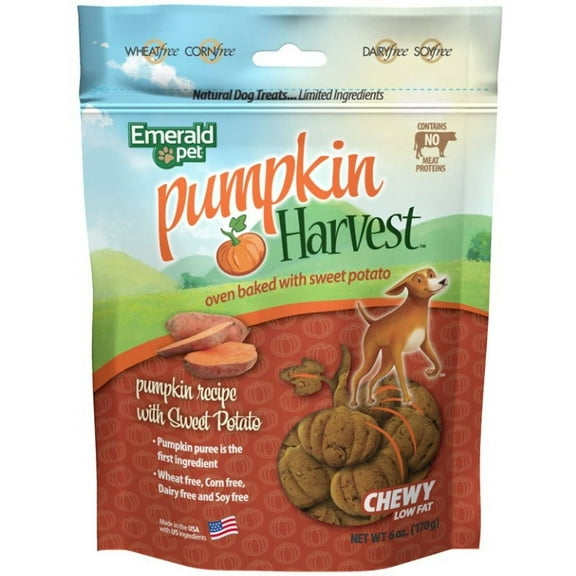 4 Pack Emerald Pet Pumpkin Harvest Oven Baked Dog Treats with Sweet Potato [USA Dog Treats, Bulk Dog Supplies, Emerald Pet] 24 oz (4 x 6 oz)
