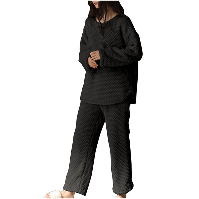 Posijego Ensemble de Détente Deux Pièces pour Femmes Manches Longues Col Rond Hauts Pantalons Chauds Tenues Unies pour Femmes