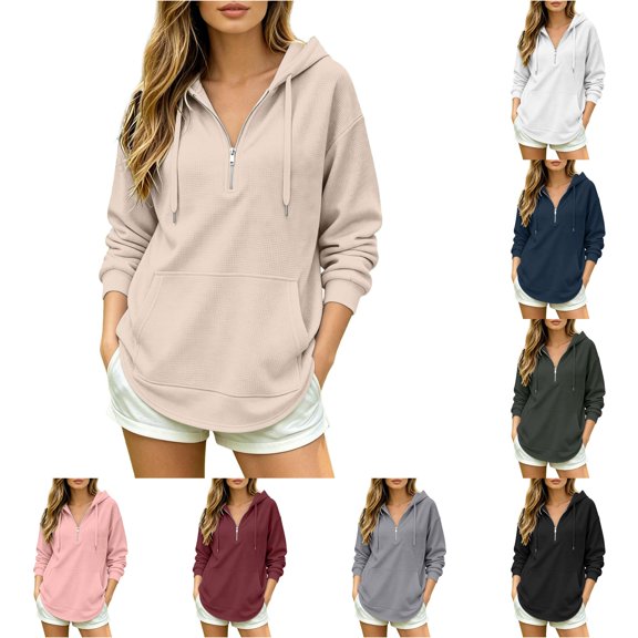 CAIVO Women Hoodies Oversized Long Sleeve Hoodied Sweatshirt Quarter Zip Up Hoodies Pullover Curved Lightweight Oversized Fashion Fall Win Solid Color Cold Weather Tops