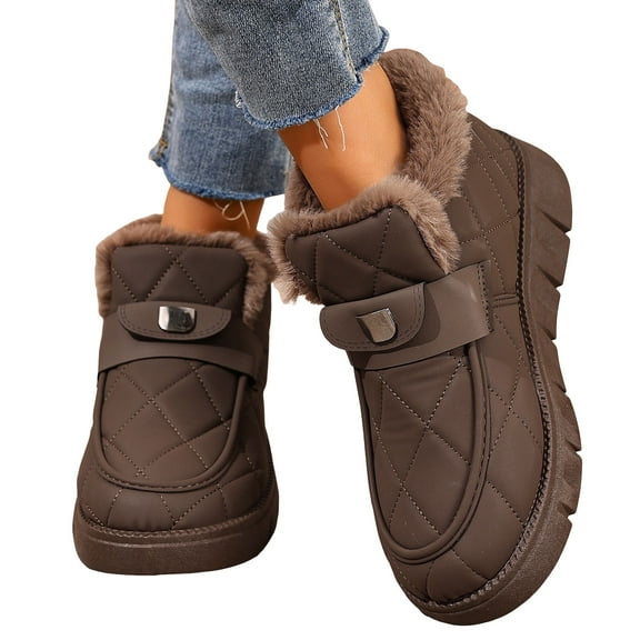 Womens Snow Boots Slip on Furry Lined Winter Loafers Quilted Waterproof Leather Platform Ankle Booties Coffee 8.5