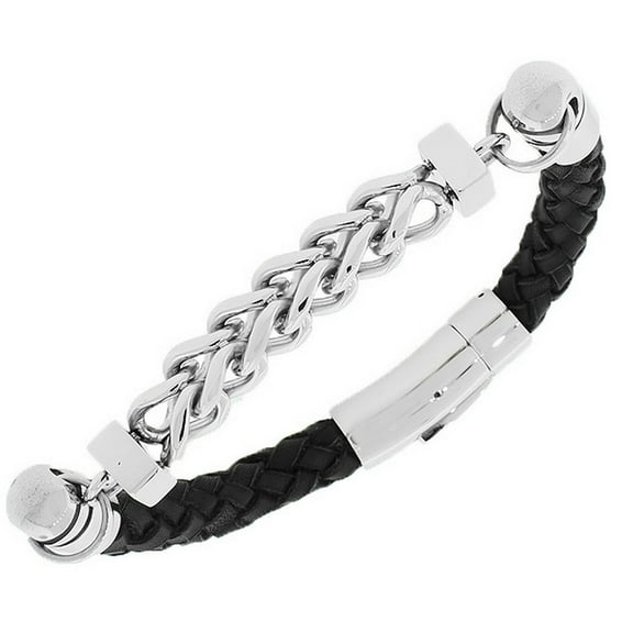 Stainless Steel Black Leather Silver-Tone Link Chain Men's Bracelet