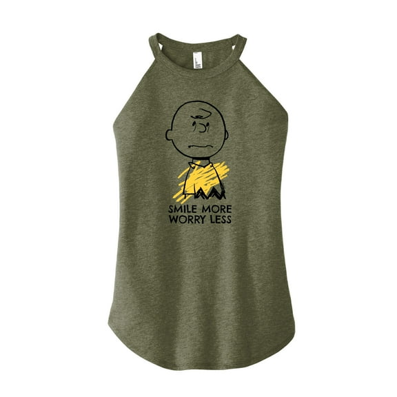 Peanuts - Smile More Worry Less - Juniors High Neck Tank Top