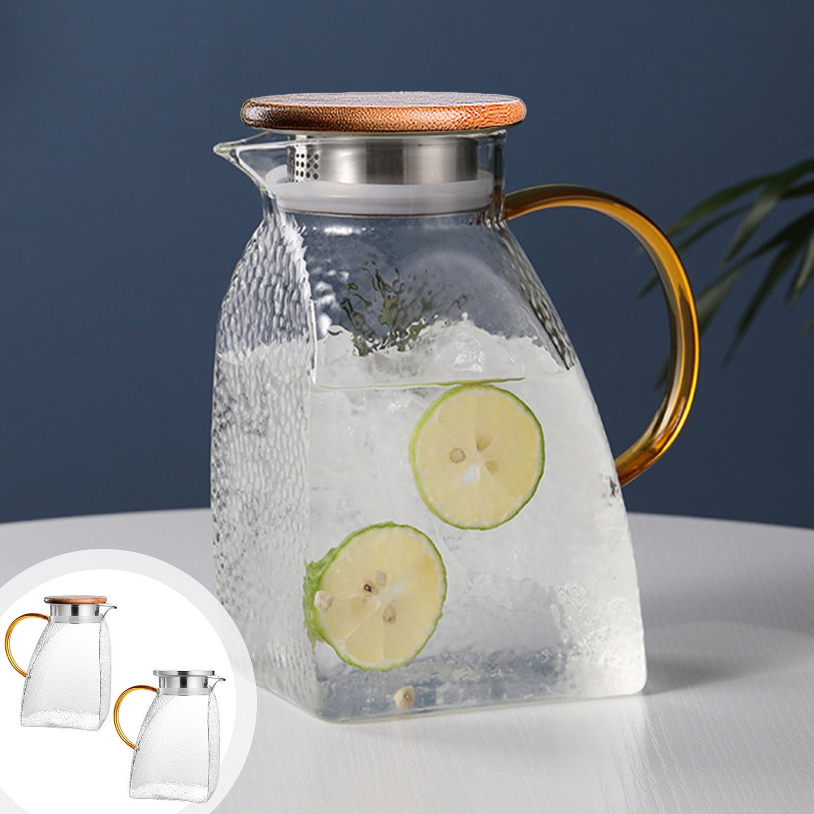 60 oz Clear Glass Pitcher with Lid, Hot & Cold Beverage Pitcher for Refrigerator Door, Glass Water Jug, Leak-Proof Stainless Steel Lid with Filter Holes for Iced Tea, Juice, Coffee, Milk