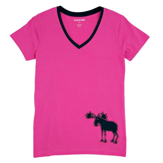 Pink And Navy Moose Womens Pajama T-Shirt - Large