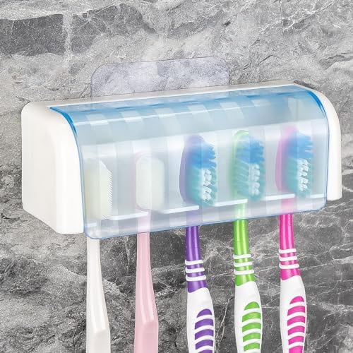 5 Slots Wall Mount Toothbrush Holder with Cover, Self Adhesive Toothbrush Storage Organizer for Shower, Toothbrush Hanger for Bathroom, Medicine Cabinet, Dorm(White   Blue)