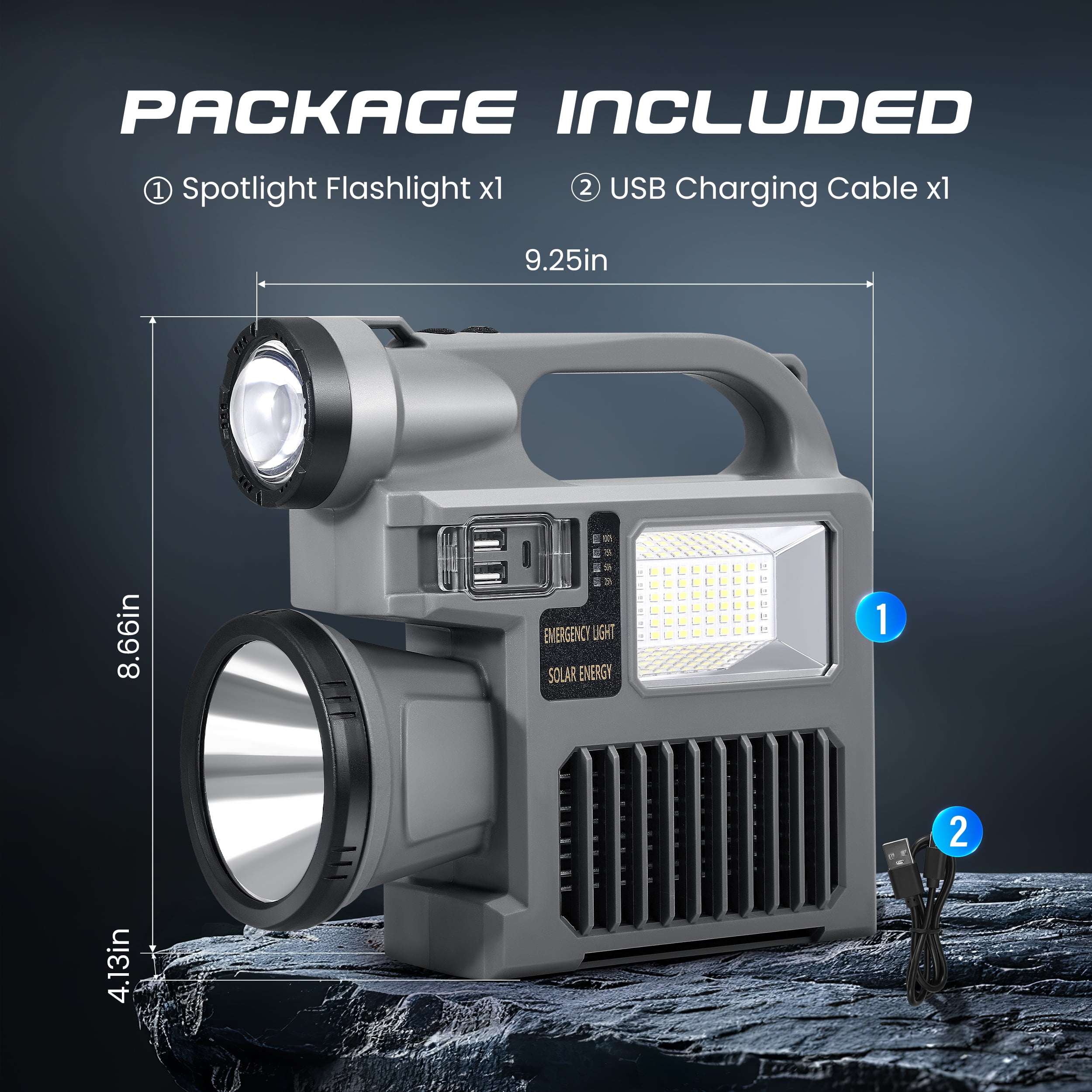 YTAKY Spotlight Flashlight, 1500,000 lumens and 10 light modes, IP67 waterproof and drop resistant rechargeable spotlight, solar charging and mobile power, outdoor adventure, emergency use