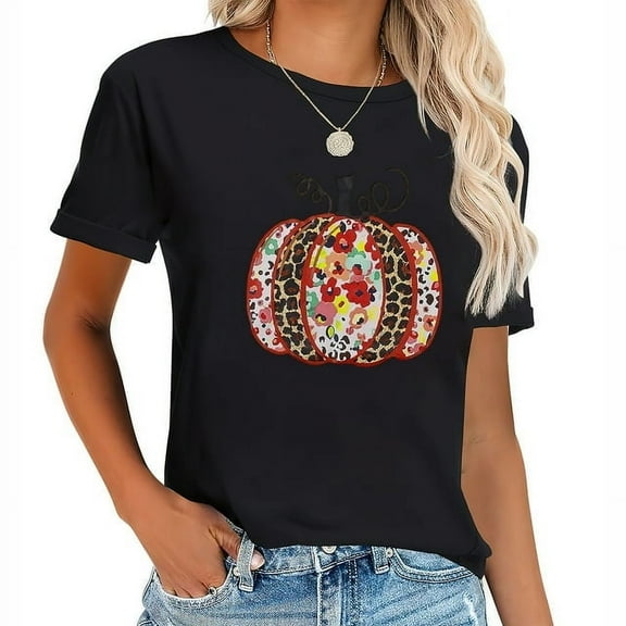 Leopard Pumpkin Shirts Women Halloween Thanksgiving T-Shirts Funny Cute Graphic Tee Fall Gift Short Sleeve Tops