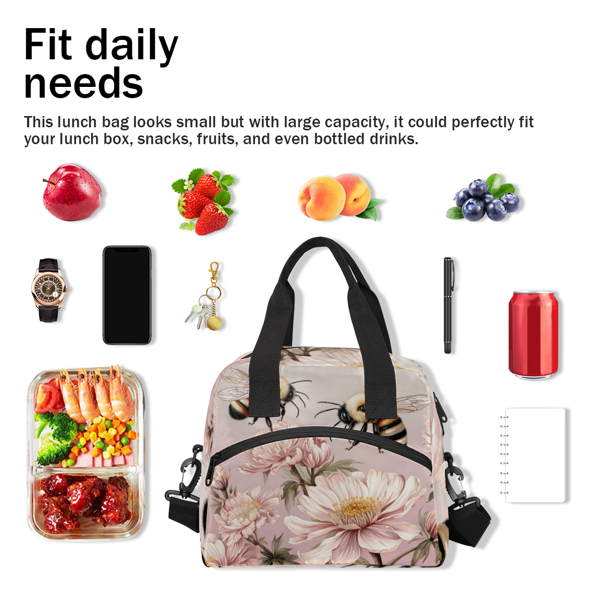 Herdesigns Bee and Flower Insulated Lunch Bag for Women Men Adults Large Reusable Lunch Box Bee Theme Leakproof Cooler Tote Bags with Adjustable Shoulder Strap