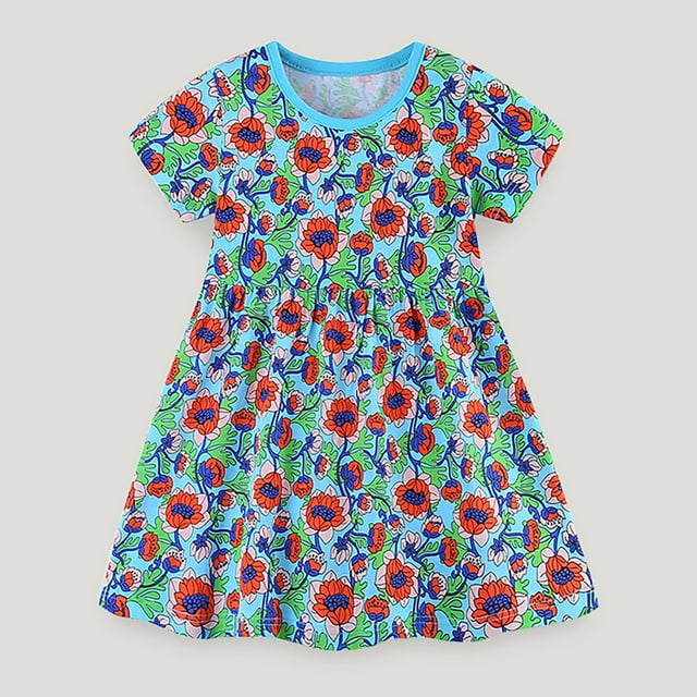 aDJFDGT Robes pour Filles Blanches Florales Robe à Manches Courtes pour Tout-Petites Filles à Imprimés Robes de Danse de Fête Vêtements