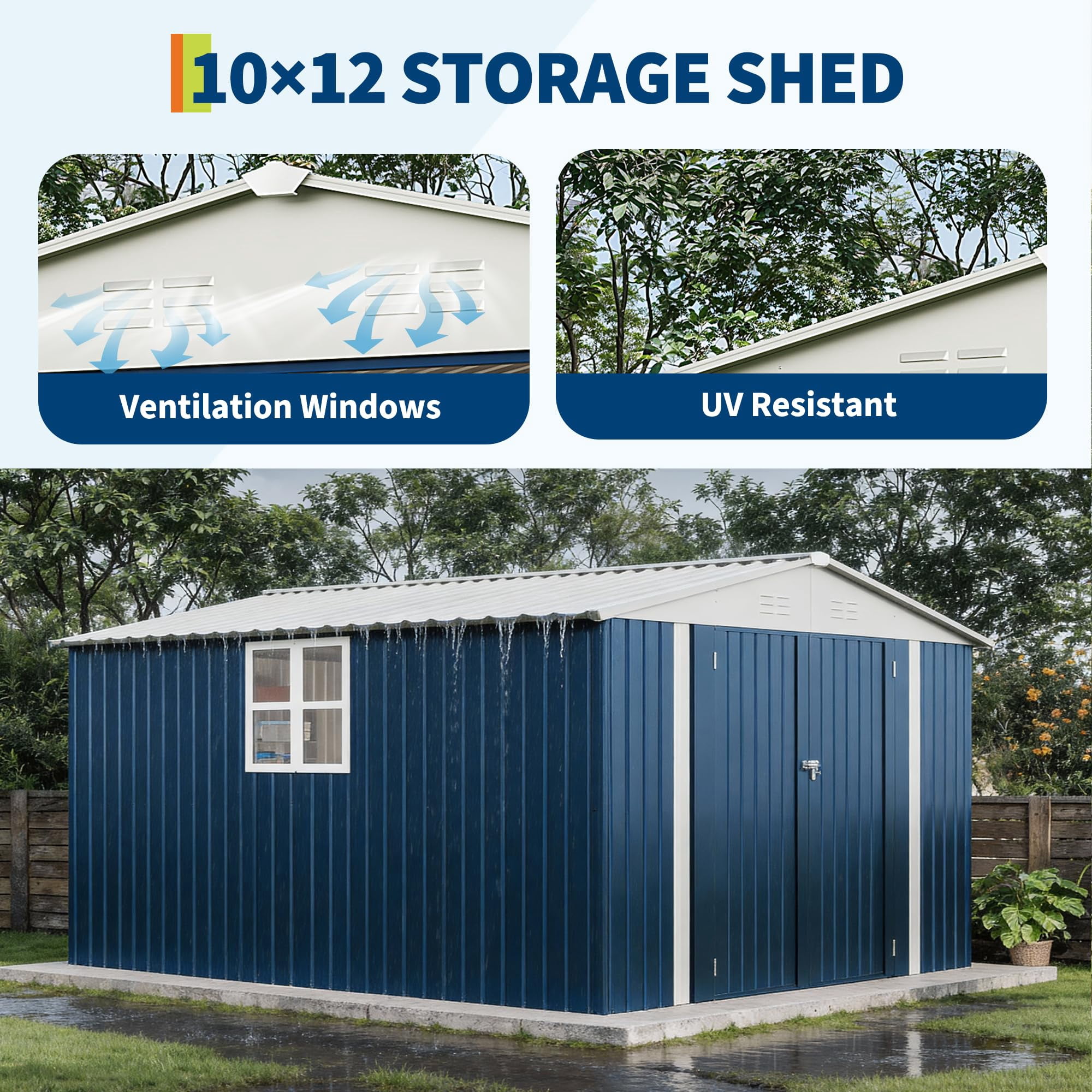 10X12 FT Storage Shed，Lockable Gable Roof Garden Shed with Grid Window, All-Weather Resistant Storage Unit for Bikes, Ladders, Patio Supplies & Garden Essentials