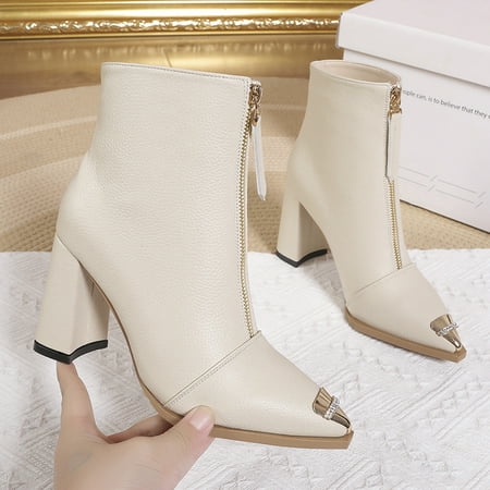 

KEUSN Fashion Women Artificial Leather Solid Color Autumn Thick Sole Square Heels Zipper Short Booties Pointed Toe Shoes