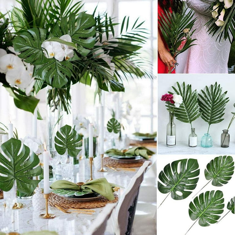 Coolmade 60 Pieces 4 Kinds Artificial Palm Leaves with Faux Stems Tropical Plant Leaves Monstera Leaves Safari Leaves for Hawaiian Luau Party Jungle