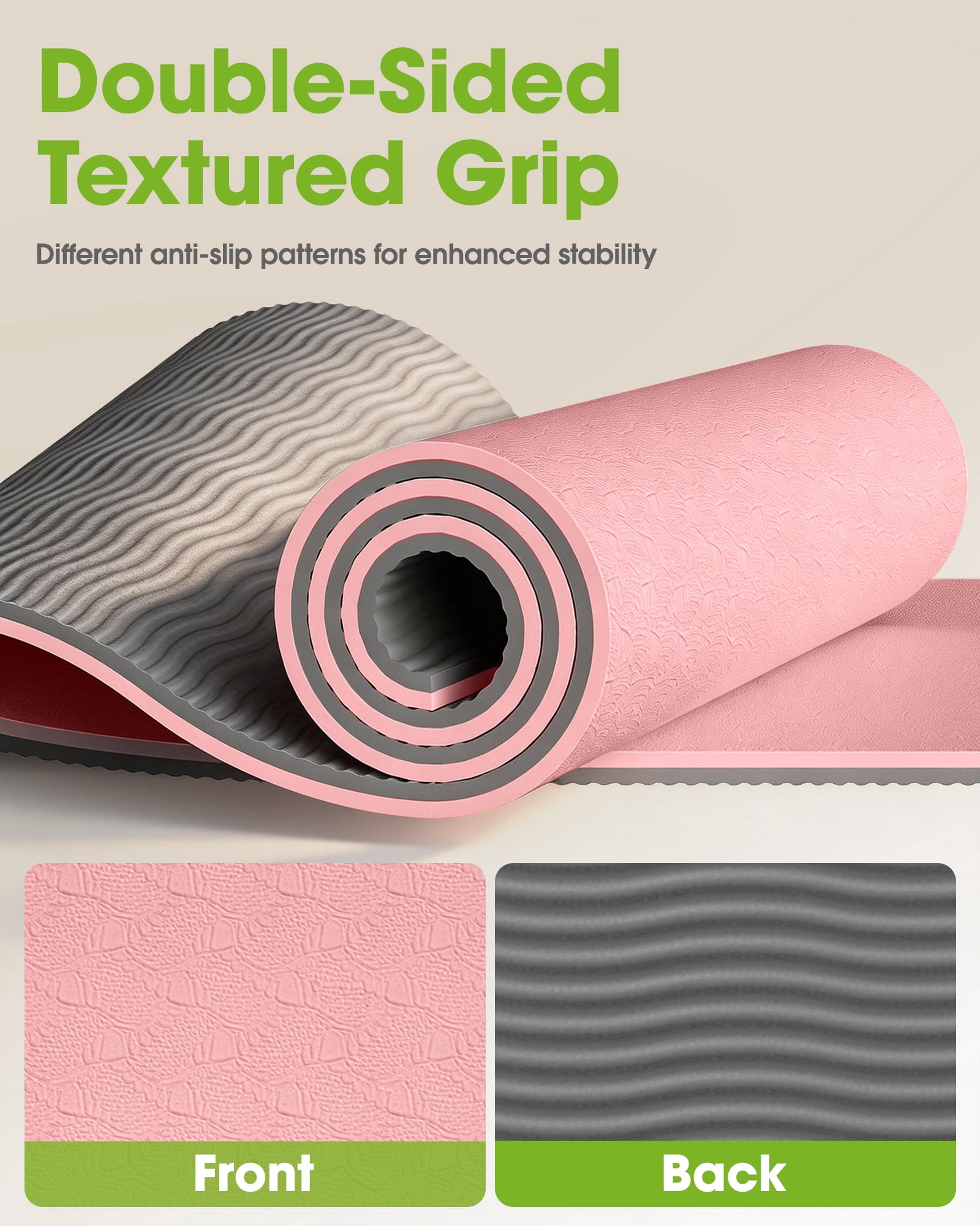 Yoga Mat with Strap, Non-Slip Pilates Exercise Mat, Tear-Resistant, 72" x 24", Pink