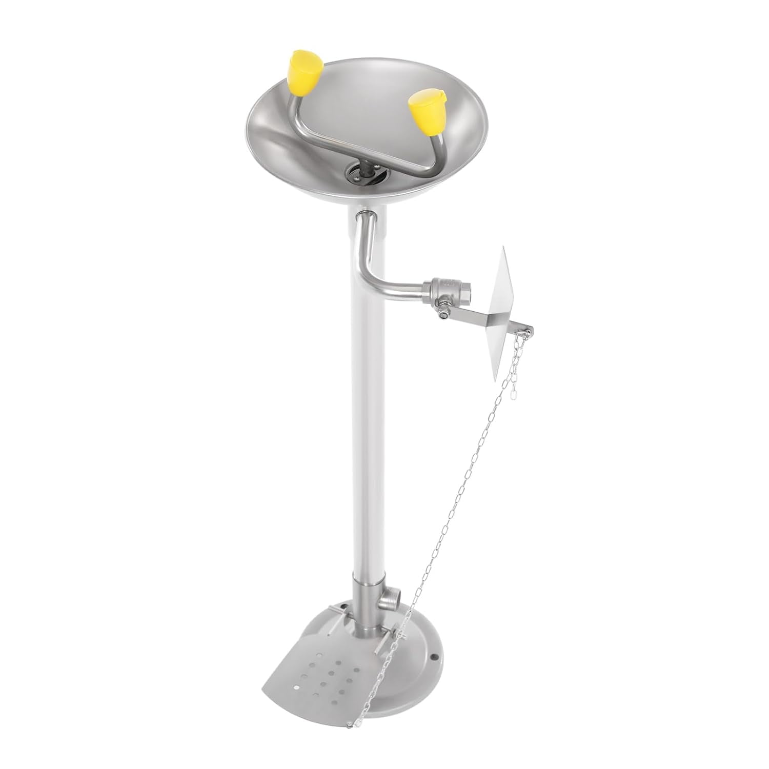 Floor Mounted Stand Up Eye Wash Station,Eyewash Station Adjustable Water Flow Hands Free Operation Eye Wash Units Stainless Steel Eye Washing Station with Dual Spray Heads and Pedal