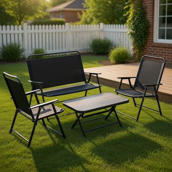 Yardi Yard 4 Pieces Patio Folding Furniture Set, Patio Conversation Set with SPC Coffee Table and Patio Chairs for Outdoor as Yard, Black