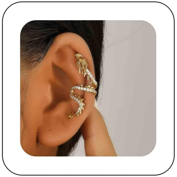 Gothic Dragon Ear Cuff Earring Crystal Dragon Cuff Wrap Earring Punk Metal Dragon Earrings Cz Rhinestone Gold Dragon Climber Earring Animal Non Piercing Earring Jewelry For Women