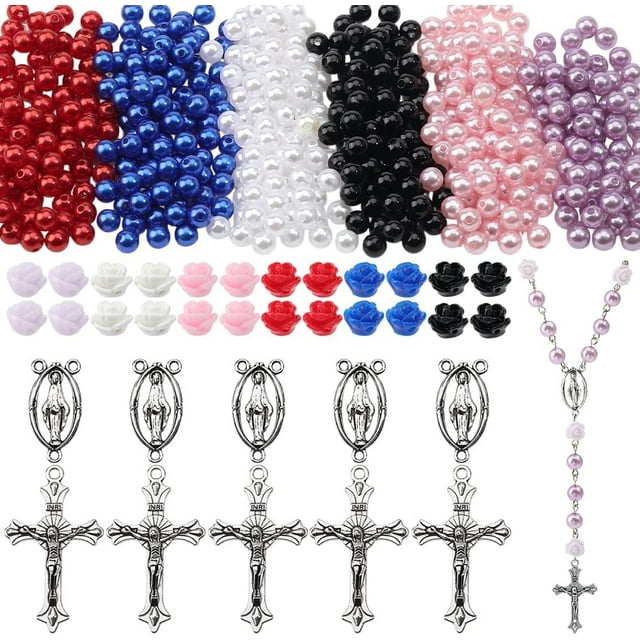 Kit para hacer rosarios (696 piezas): Crucifijos vintage, dijes de Pascua, cruces, cuentas de rosa roja y rosa, perlas de imitación.