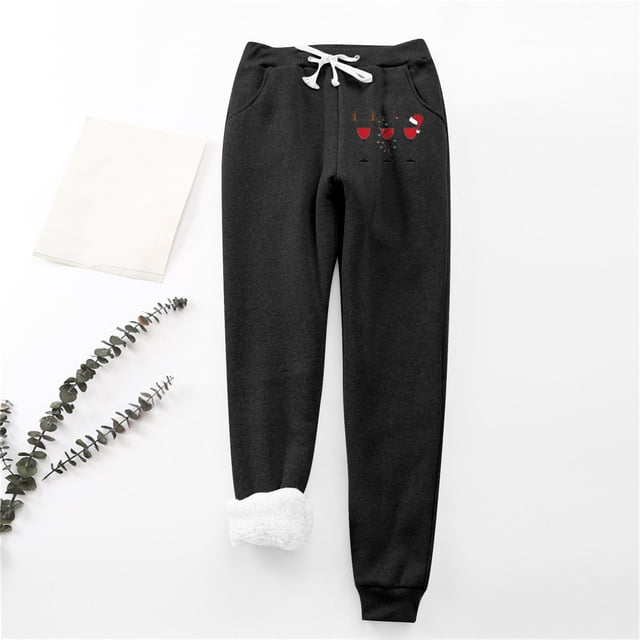 LSLJS Women's Christmas Wine Glass Print Leggings With Elastic Drawstring Pockets Thick Warm Pants, Womens Work Pants