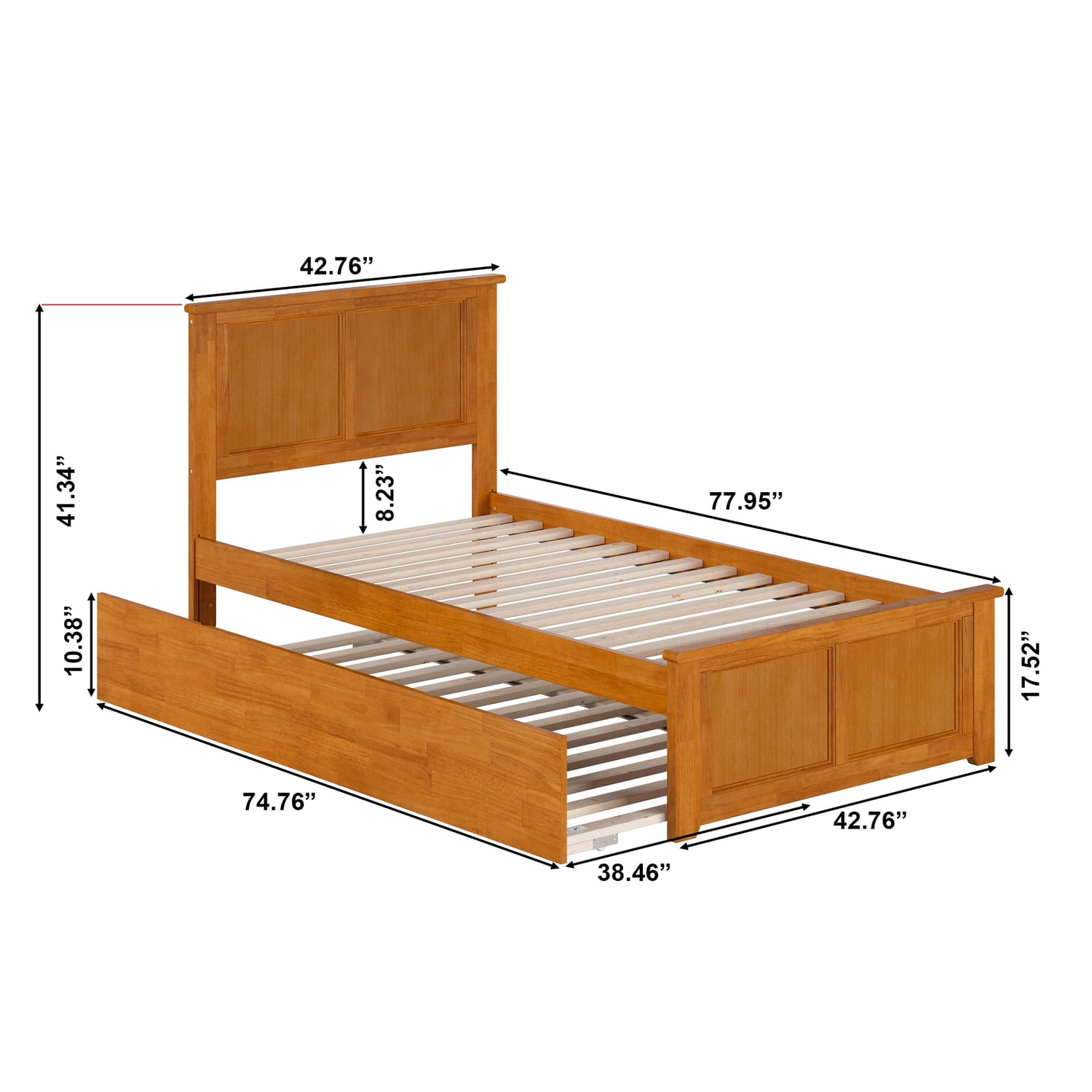 Solid Wood Platform Bed with Trundle - Twin Size Bed Frame, Modern Style, Light Toffee Finish