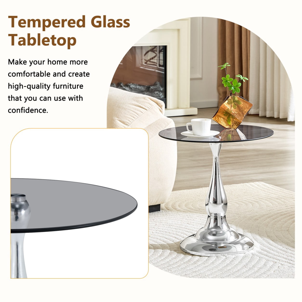 19.6" Round Side Table, Gray Tempered Glass Top with Silver Metal Base, Modern End Table, Nightstand, Sofa Table for Living Room Bedroom