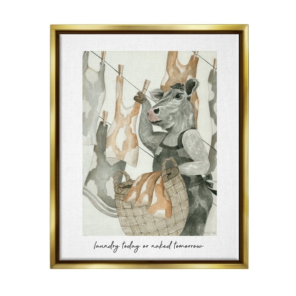 Stupell Industries Funny Cow Laundry Phrase Animals & Insects Painting Gold Floater Framed Art Print Wall Art, 25 x 31