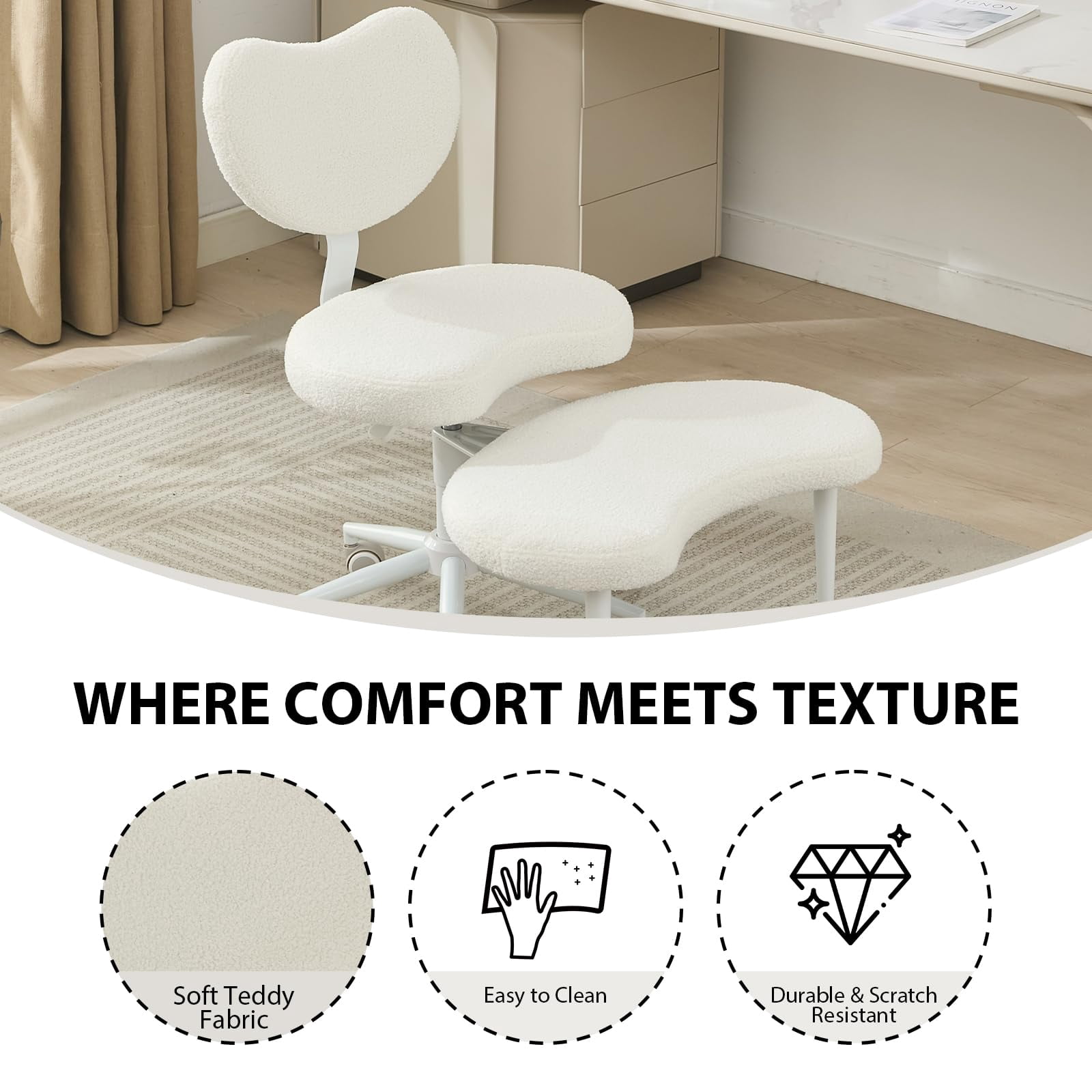 Pawverly Cross-Legged Meditation Chair with Wheels, Adjustable Height Yoga Office Chair with Lumbar Support, Ergonomic Criss Cross Desk Chair for Adults, Ivory Teddy