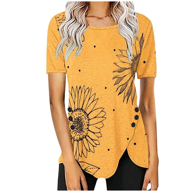 Blusas de Manga Corta para las Mujeres Botón Impreso Cuello Redondo Top Casual, Blusas para las Mujeres Casual