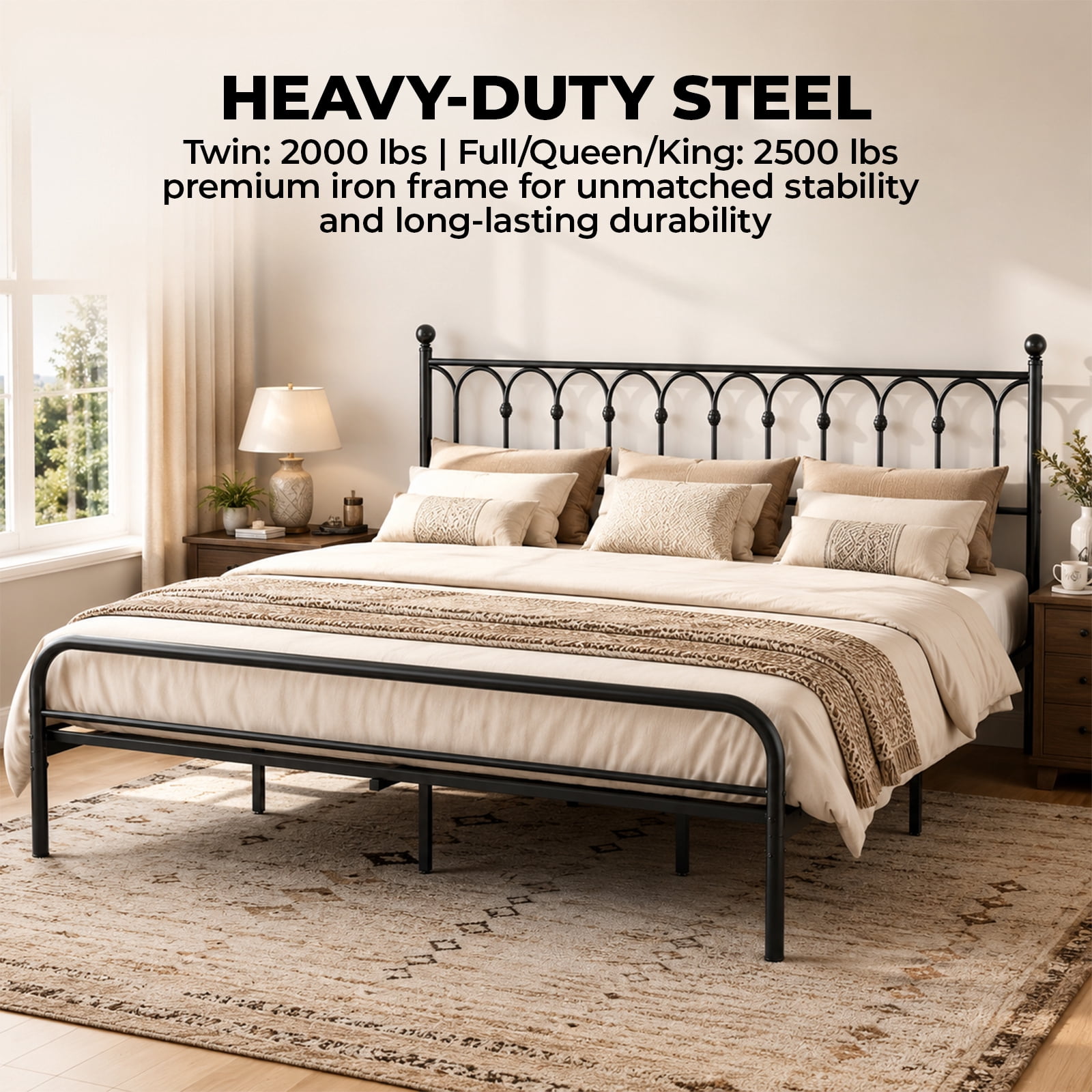 Alvantor Metal Platform Bed Frame, Classic Iron Art Headboard & Footboard, Stable & Noiseless, 11.9 Inch Under Bed Storage, No Box Spring Needed, Easy Assembly, Black
